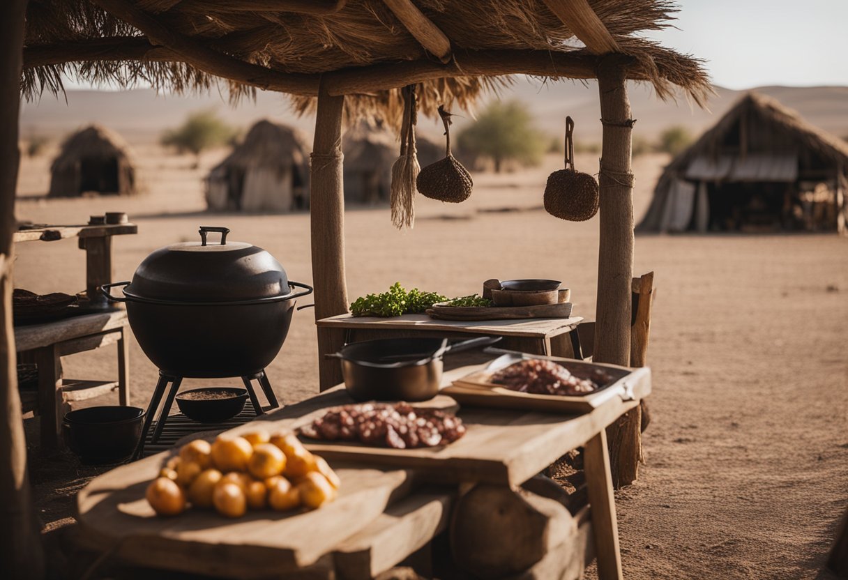 Uma paisagem tradicional de pampa com uma cozinha rústica ao ar livre, onde grandes pedaços de carne estão sendo salgados e secos para fazer charque.