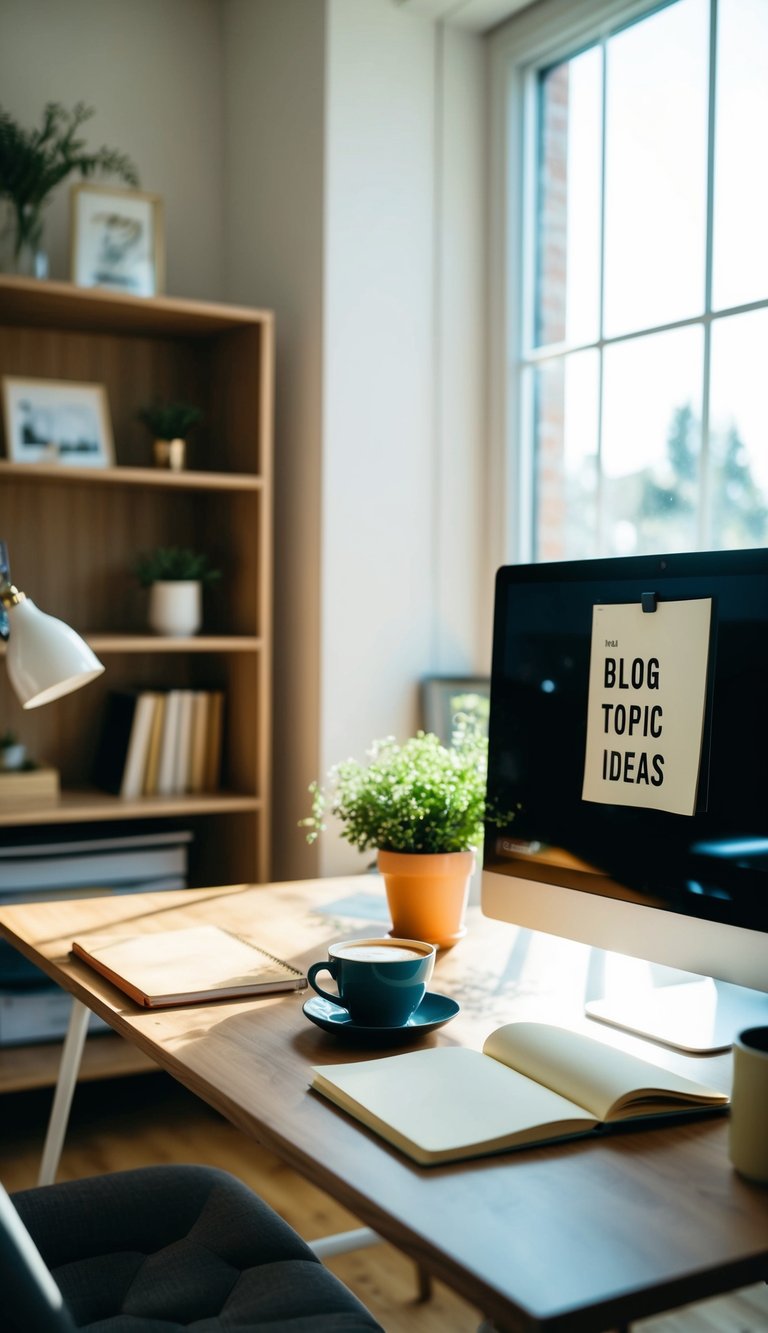 A cozy home office with a desk, computer, and bookshelf. Sunlight streams through a window onto a cup of coffee and a notebook filled with blog topic ideas