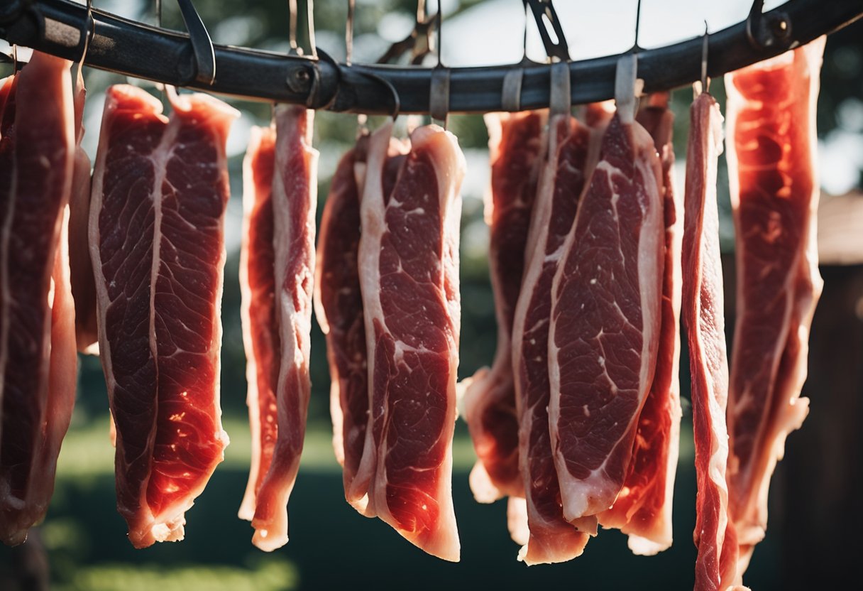 Um açougueiro corta e tempera tiras de carne bovina, depois as pendura para secar em um grande galpão ao ar livre. O sol incide sobre a carne enquanto ela se transforma lentamente em charque.