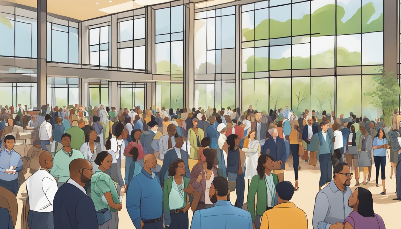 A bustling conference hall filled with people networking, listening to speakers, and browsing vendor booths. A backdrop of Texas spring scenery visible through large windows