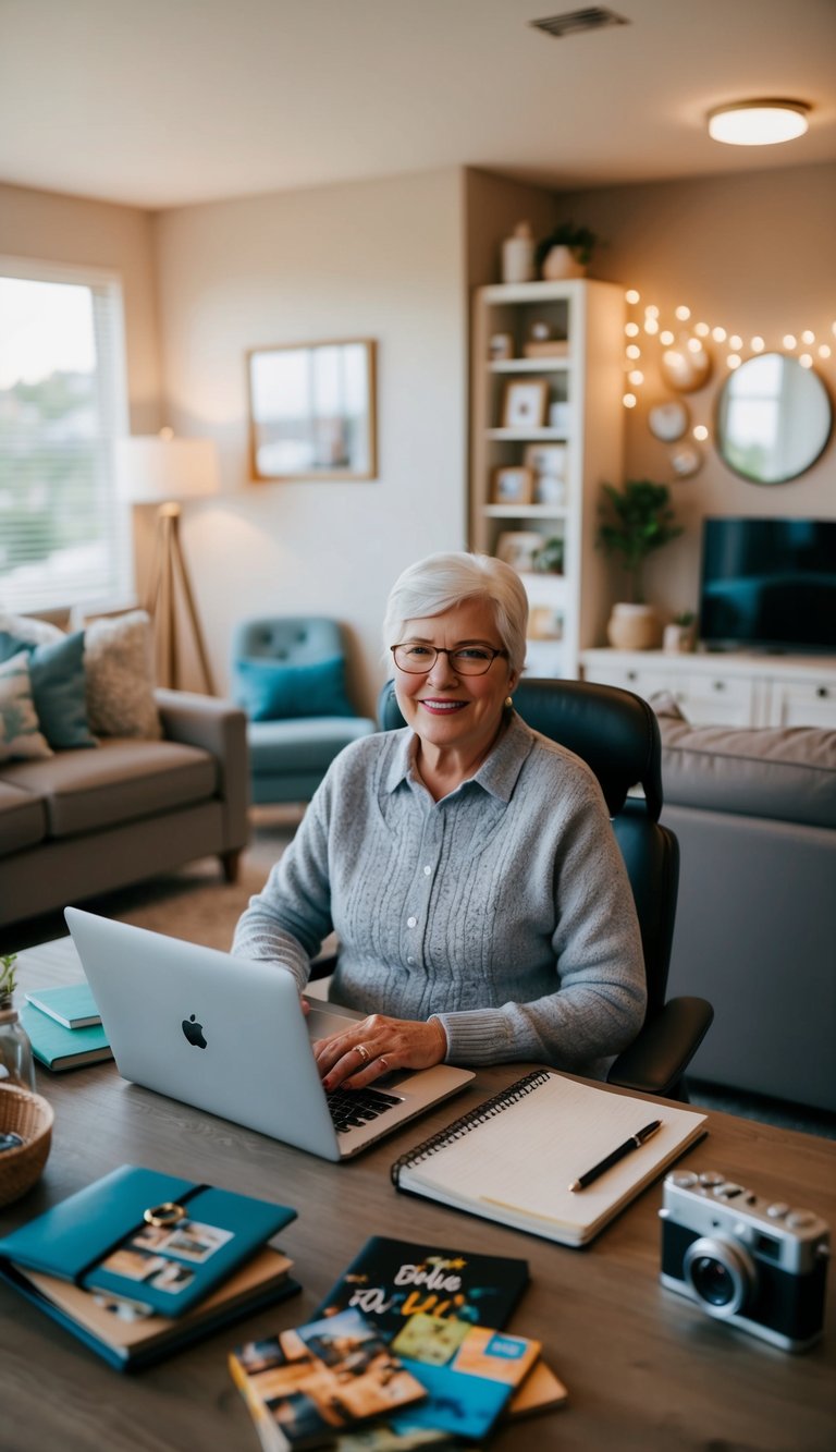 A cozy living room with a senior sitting at a desk, surrounded by travel souvenirs, a laptop, and a notebook filled with blog ideas