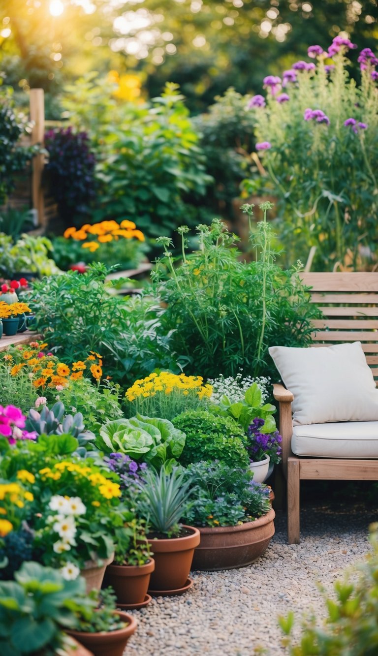 A cozy outdoor garden with a colorful array of flowers, herbs, and vegetables, surrounded by a peaceful and serene setting, with a comfortable seating area for writing and reflecting