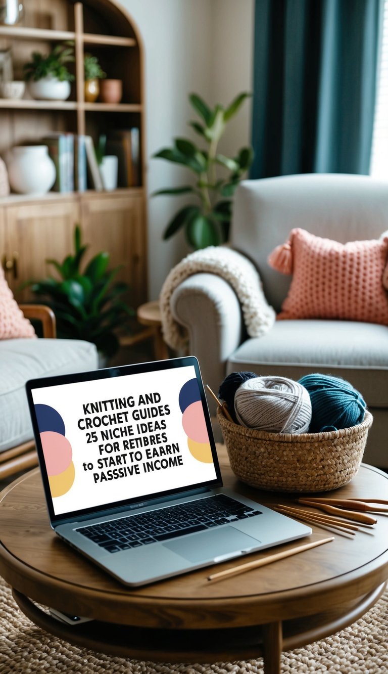 A cozy living room with a comfortable armchair, a basket of yarn, knitting needles, and crochet hooks on a side table. A laptop displaying "Knitting and Crochet Guides 25 niche ideas for retirees to start a blog and earn passive income" on the coffee table