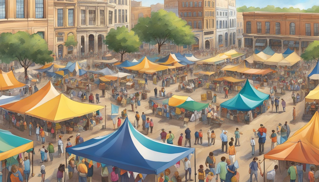 A bustling town square filled with colorful tents and banners, showcasing historical and heritage events in Texas. People of all ages gather to celebrate