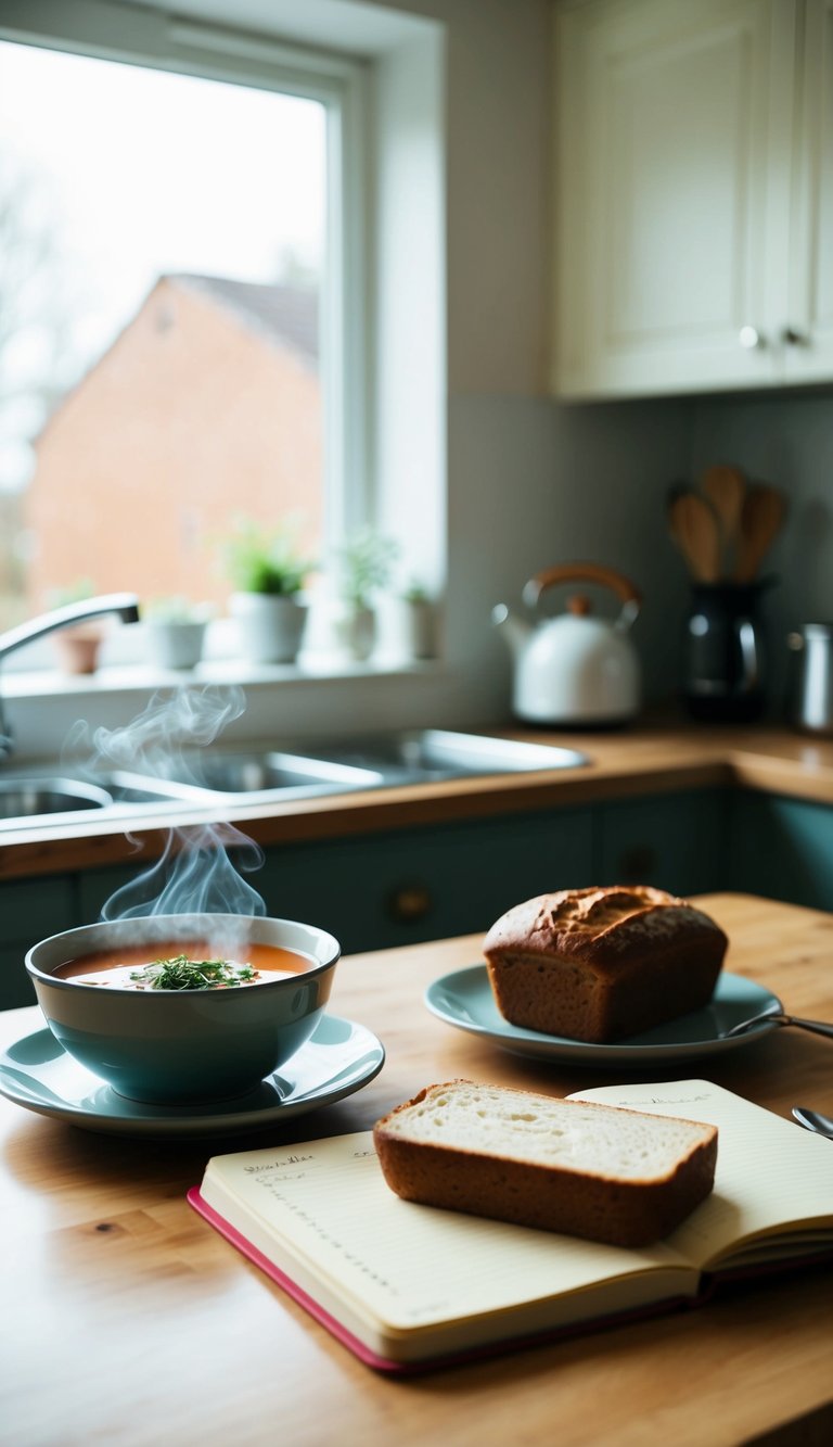 A cozy kitchen with a table set for one, featuring a steaming bowl of soup, a freshly baked loaf of bread, and a notebook filled with recipe ideas