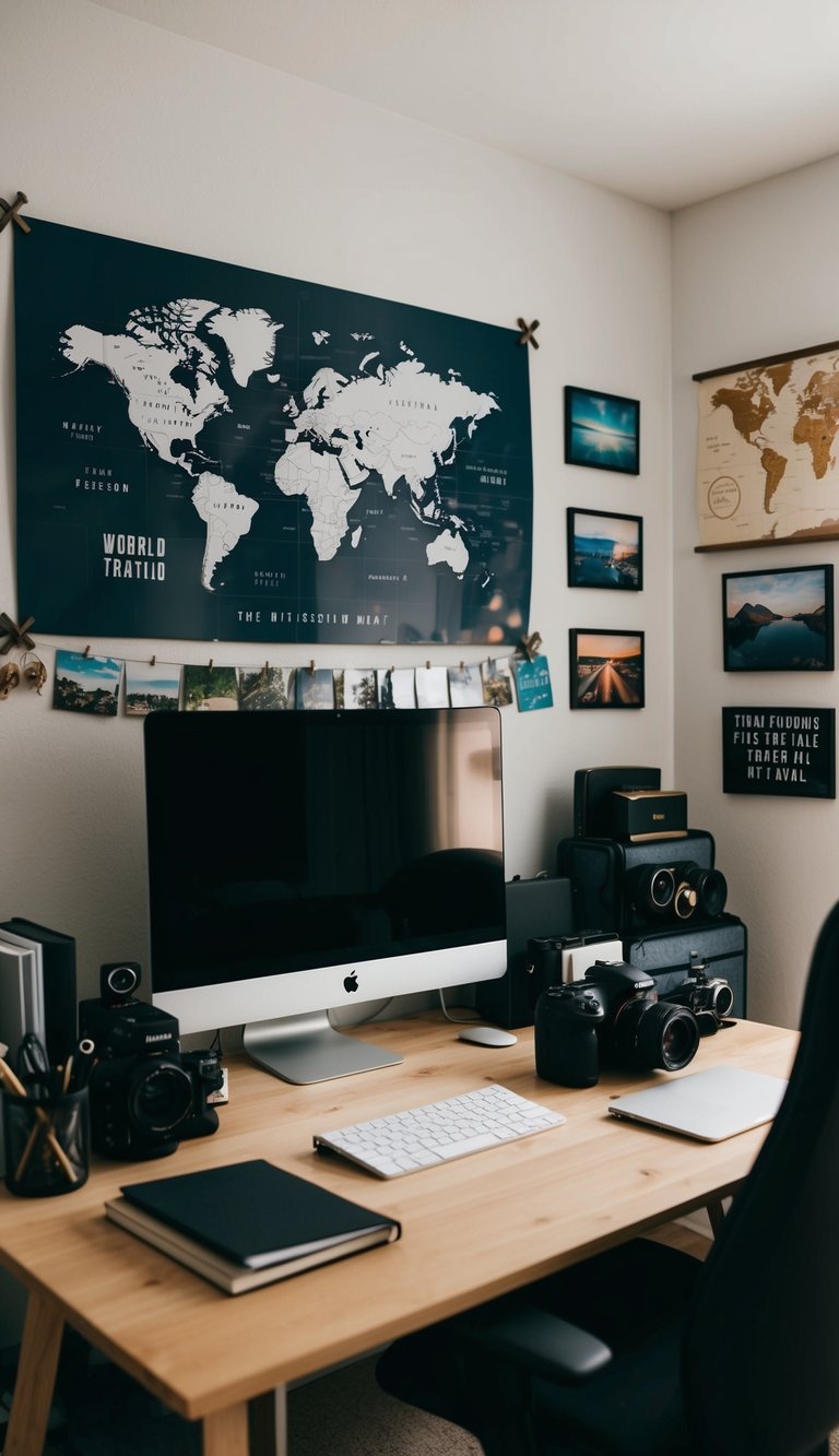 A cozy home office with a desk, computer, camera gear, and travel souvenirs. A world map and inspirational quotes decorate the walls