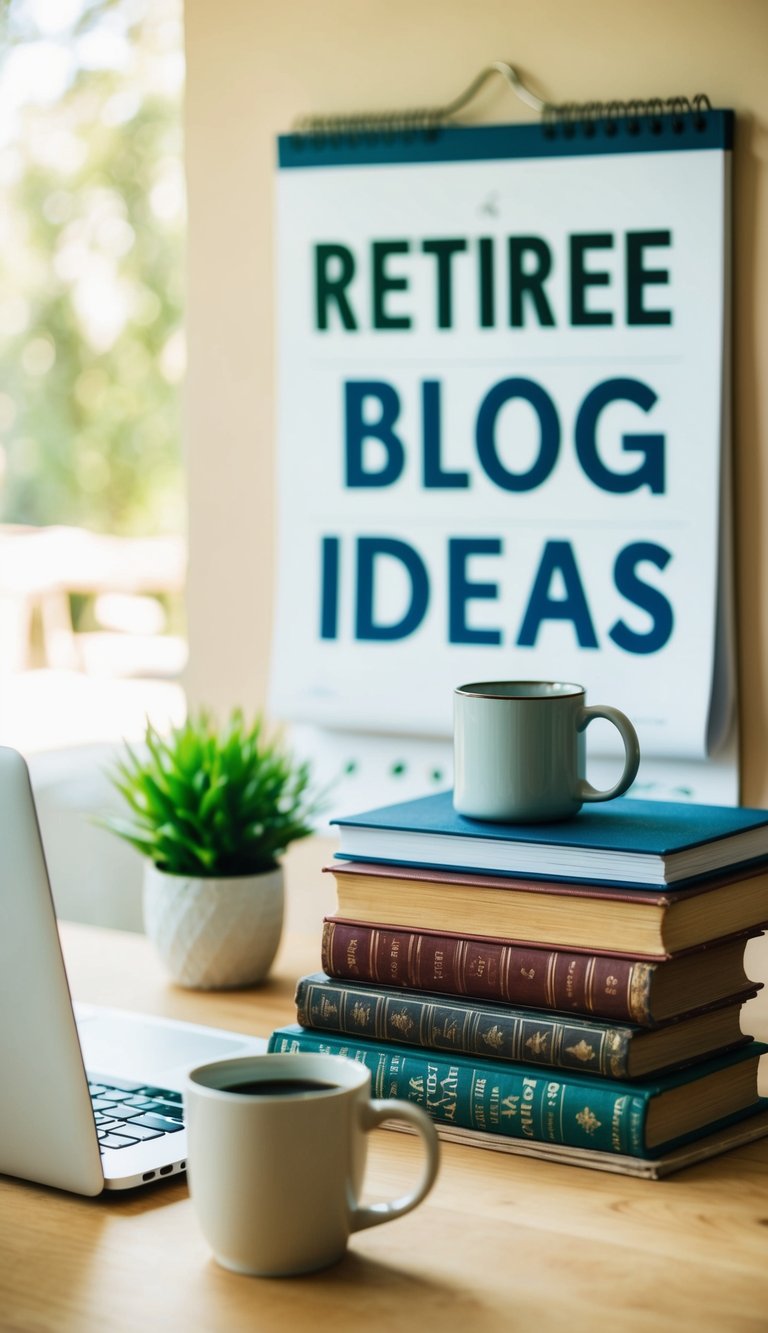 A cozy home office with a laptop, coffee mug, and a stack of history books. A calendar hangs on the wall with "Retiree Blog Ideas" written in bold letters