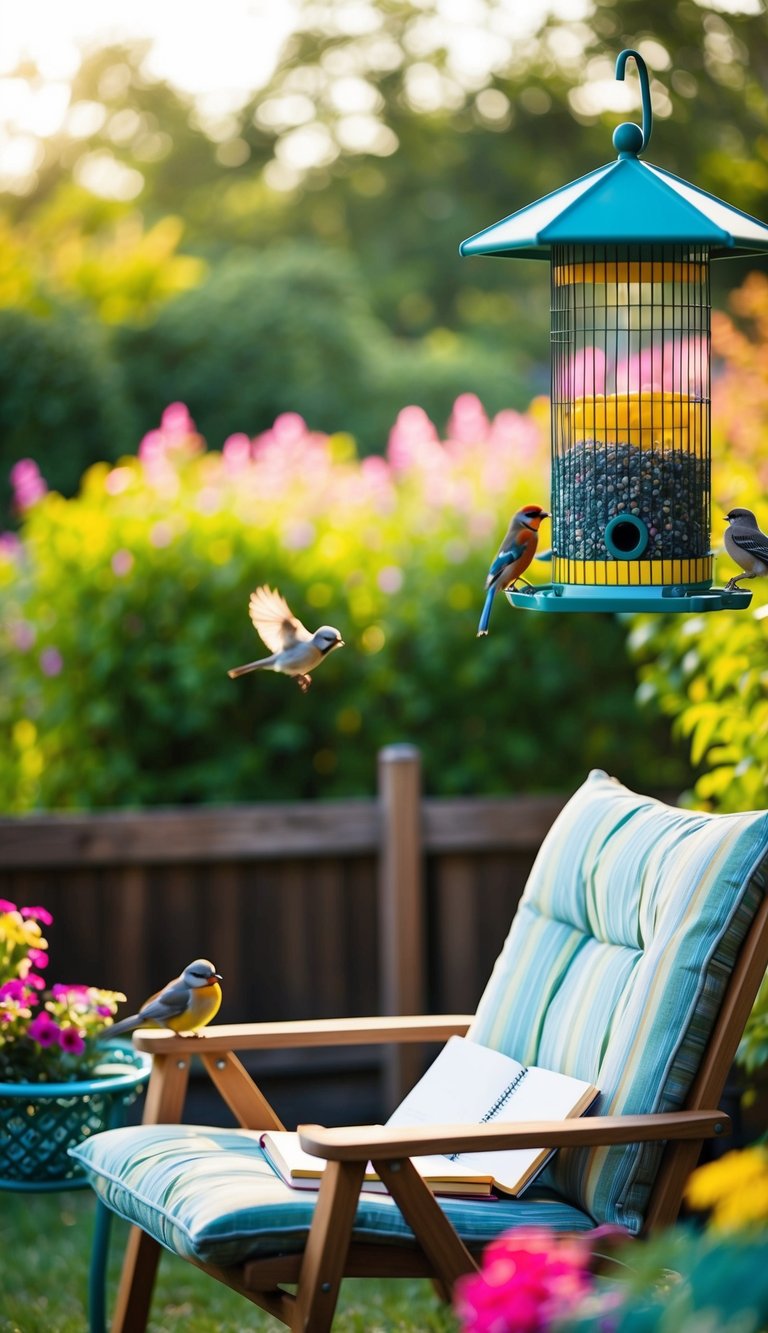 A cozy backyard with a colorful bird feeder, a comfortable chair, and a notebook for jotting down birdwatching tips