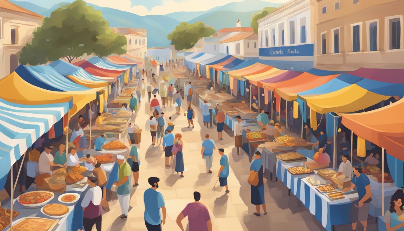 A bustling outdoor festival with colorful tents, Greek flags, and tables filled with traditional Greek dishes. The aroma of grilled meats and pastries fills the air as people gather to enjoy the festivities