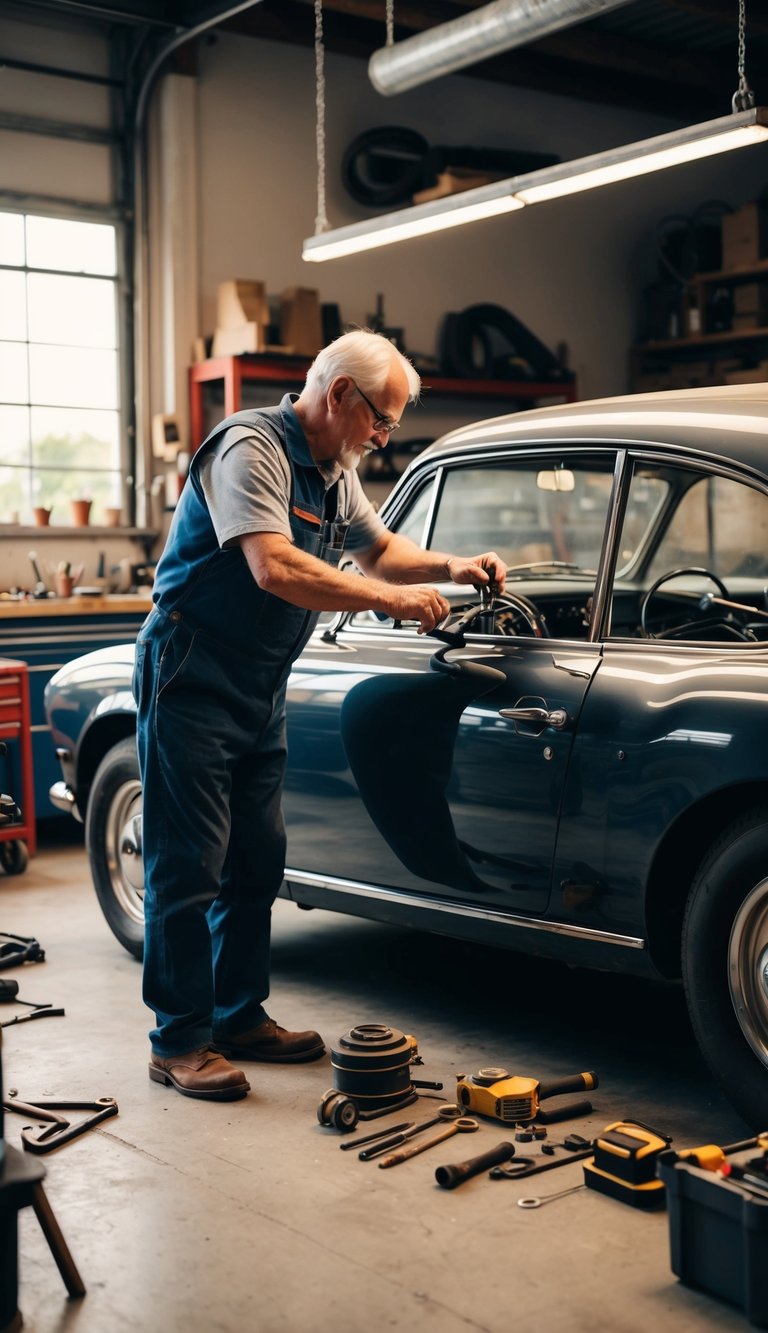 A retiree in a workshop, restoring a vintage car with various tools and parts scattered around