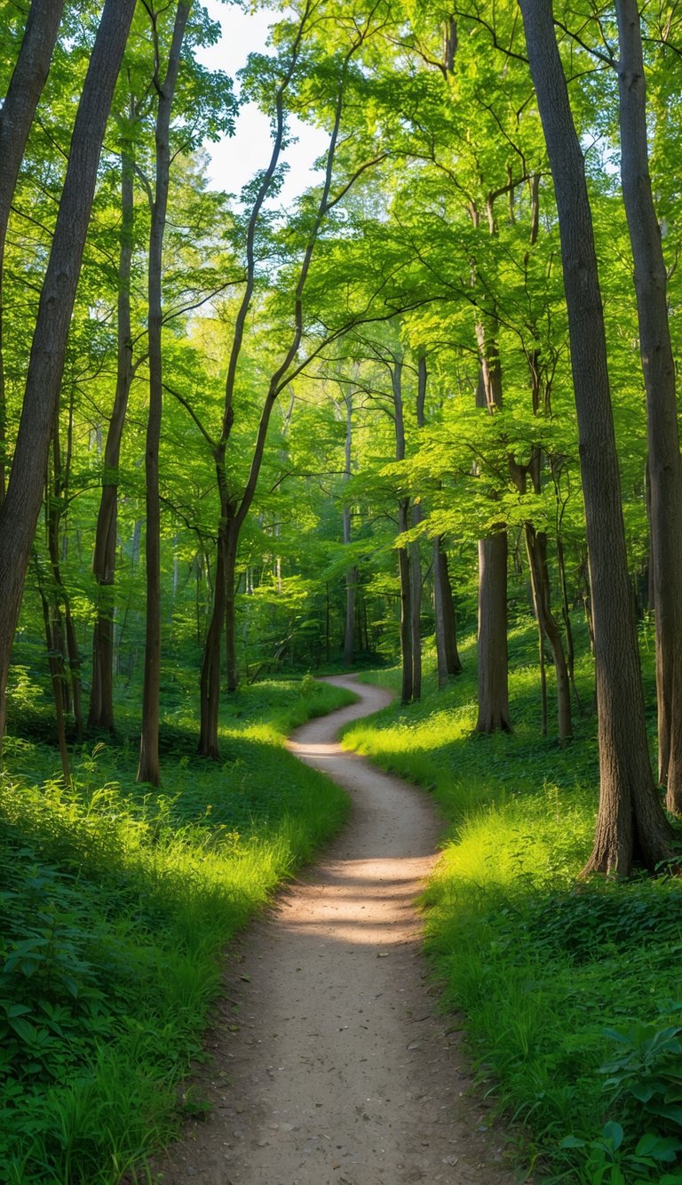 A serene forest with winding trails, vibrant foliage, and a peaceful atmosphere. Sunlight filters through the trees, creating dappled patterns on the forest floor