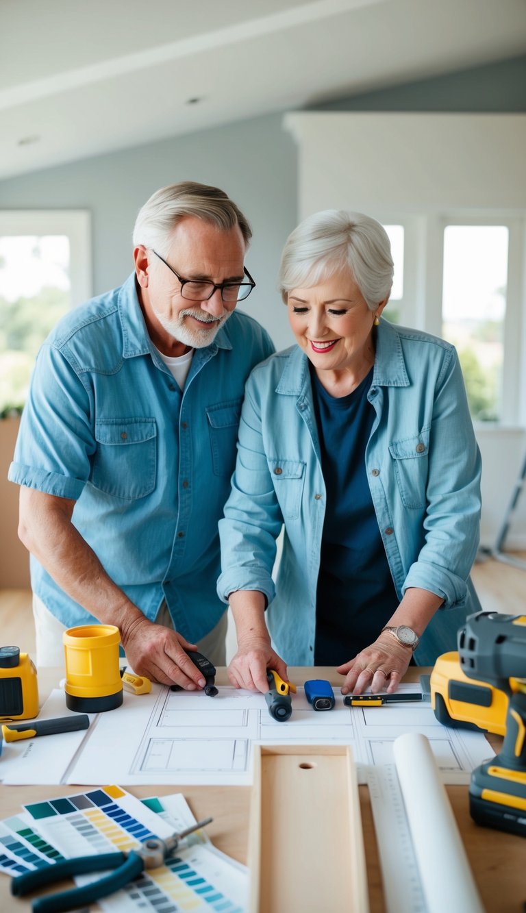 An older couple working on a home renovation project, surrounded by tools, paint swatches, and design plans