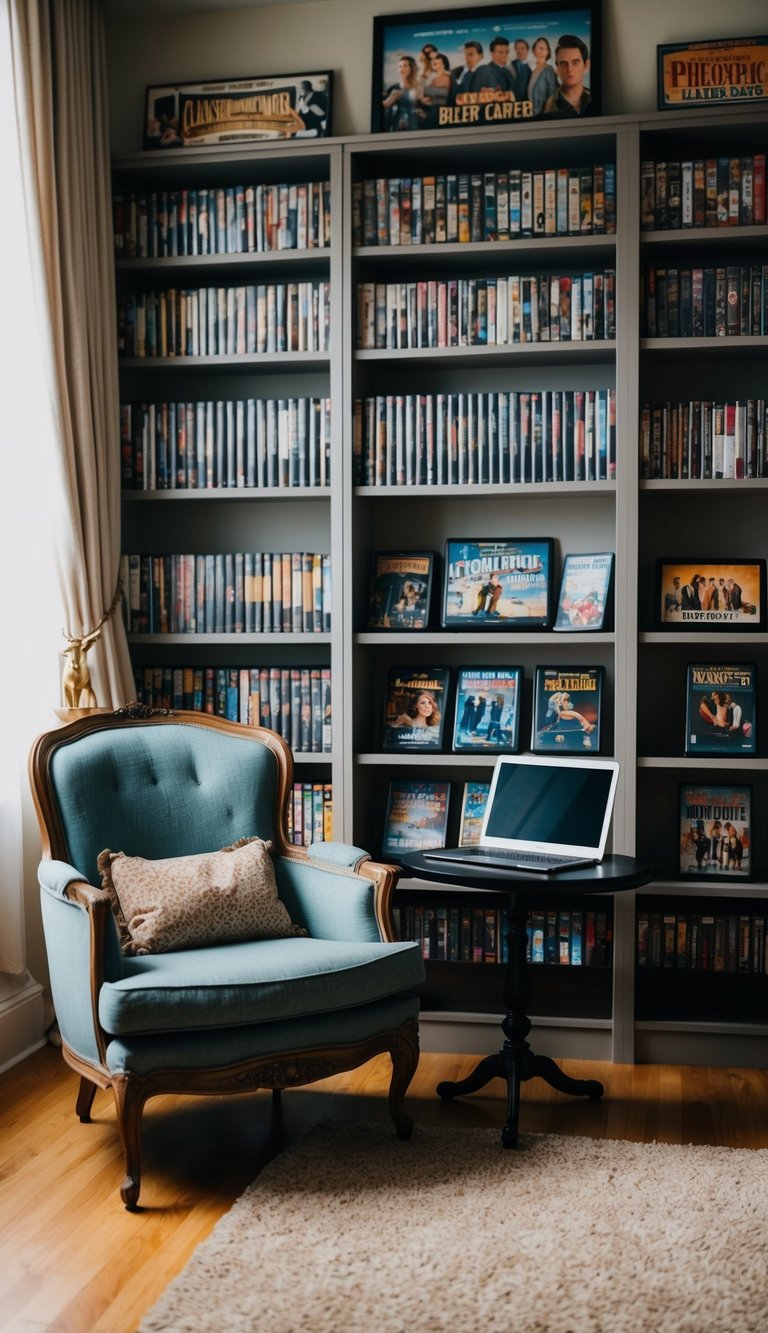 A cozy living room with a vintage armchair, a small table with a laptop, and shelves filled with classic movie DVDs and film memorabilia