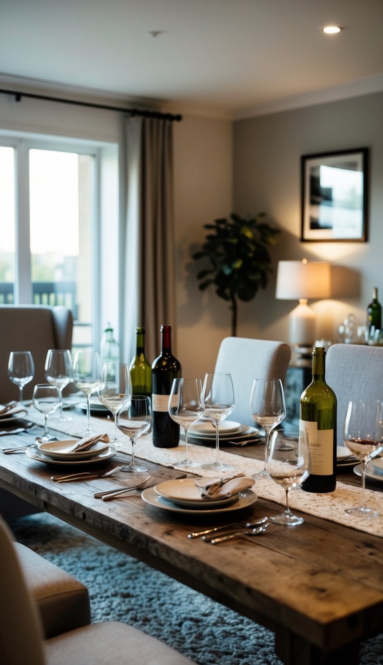 A cozy living room with a rustic wooden table set with various wine glasses and bottles, surrounded by comfortable armchairs and soft lighting