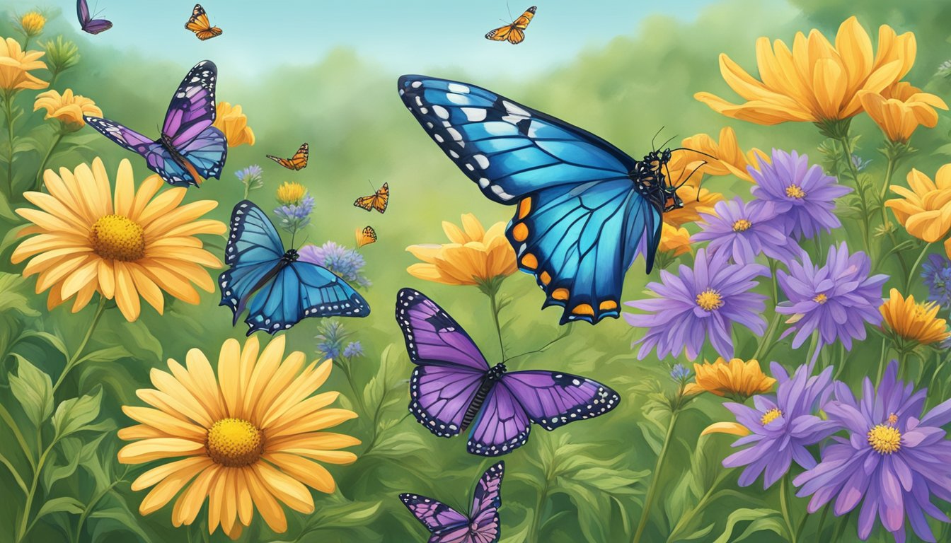 A vibrant Texas butterfly festival with conservation programs and colorful fluttering butterflies amidst blooming wildflowers