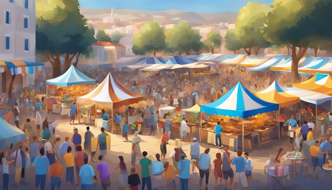 A bustling outdoor festival with colorful tents, filled with the aroma of sizzling souvlaki and the sound of traditional Greek music