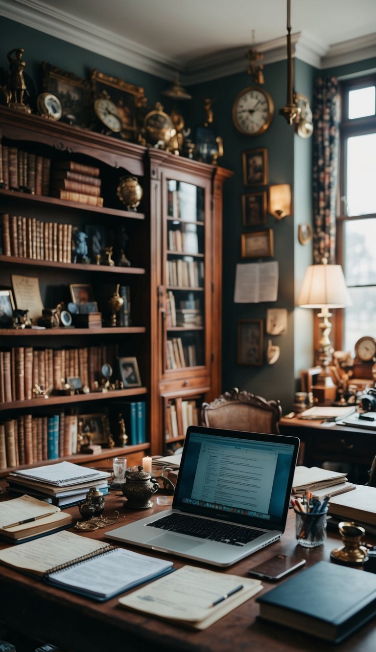 A cozy, cluttered study filled with vintage trinkets, old books, and antique furniture. A laptop sits on the desk, surrounded by notes and research materials