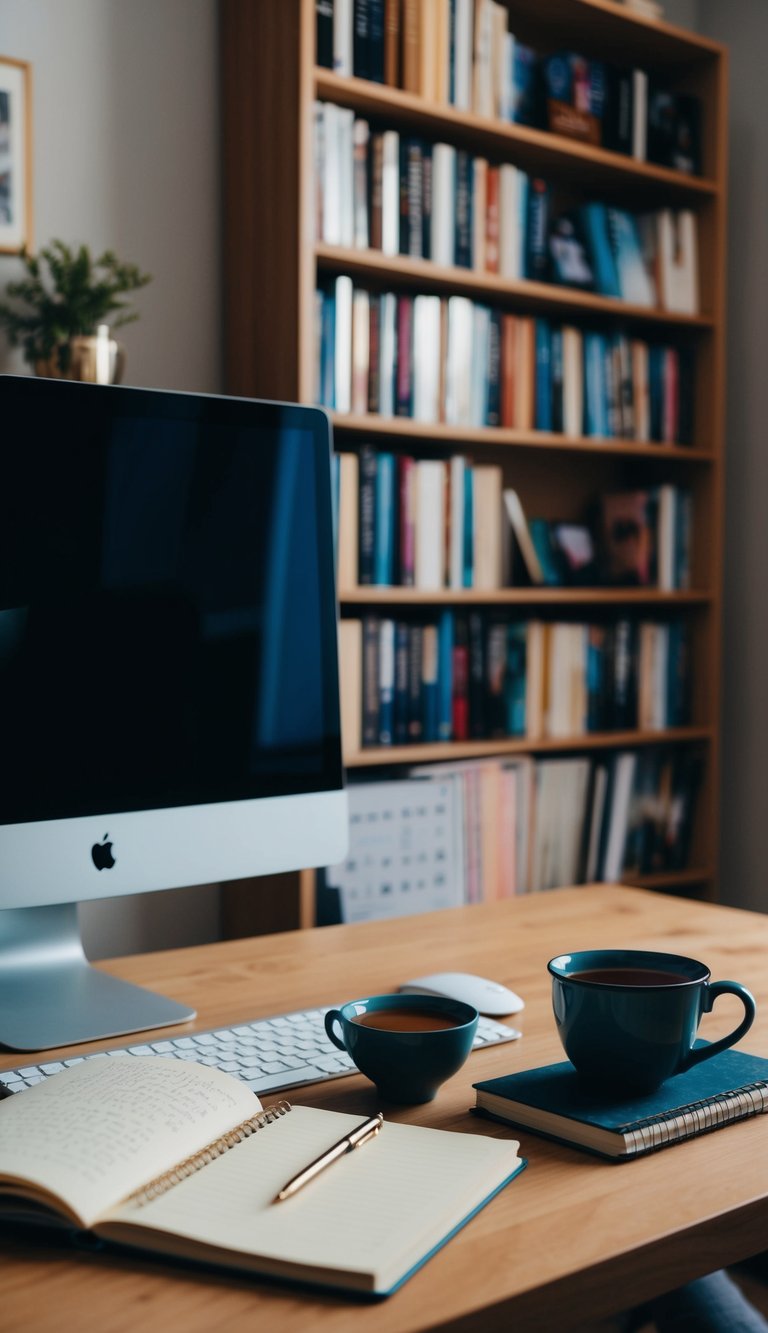 A cozy home office with a desk, computer, and bookshelf filled with poetry and writing books. A warm cup of tea sits next to a notebook and pen