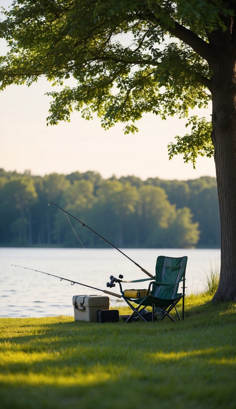 A peaceful lakeside with a fishing rod, tackle box, and a comfortable chair set up under a shady tree, surrounded by nature