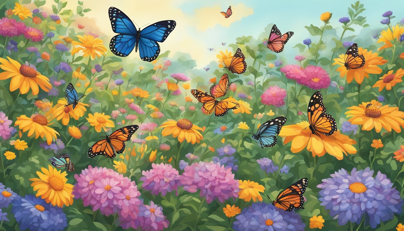 A vibrant garden filled with fluttering Texas butterflies and blooming flowers at a festival