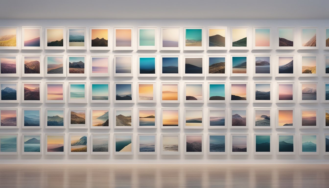 A gallery filled with colorful polaroid photos, arranged in neat rows on white walls, with soft lighting and a sense of anticipation in the air