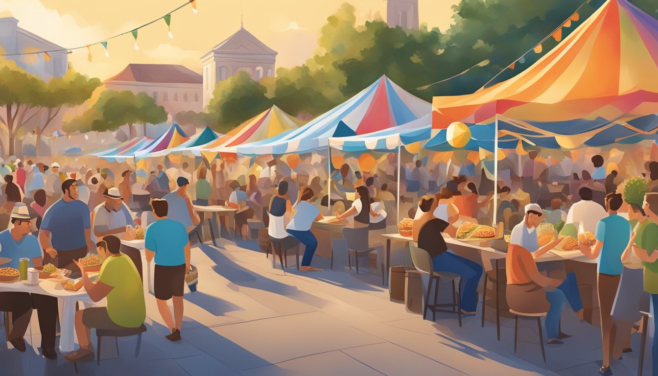 A bustling Greek food festival in Dallas with colorful tents, lively music, and delicious aromas filling the air