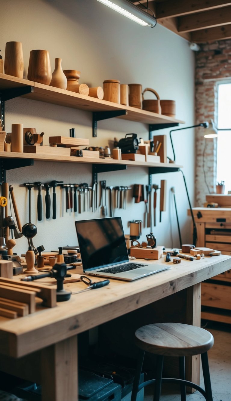 A cozy workshop with various woodworking tools, a desk with a laptop, and shelves filled with handcrafted wooden items