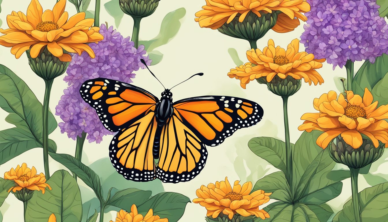 A colorful monarch butterfly lands on a vibrant flower in a lush Texas garden