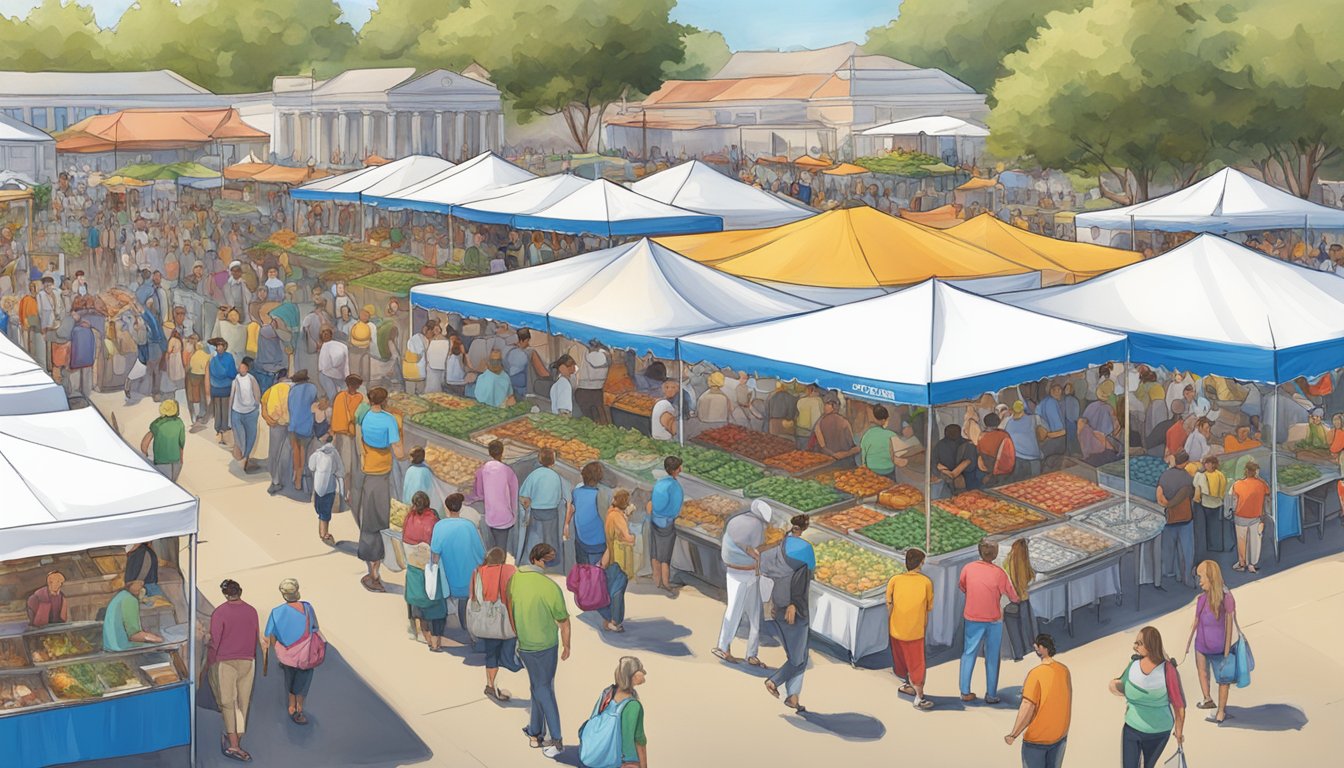 A bustling Greek food festival in Dallas with colorful tents, food vendors, and a long line of people waiting to enter