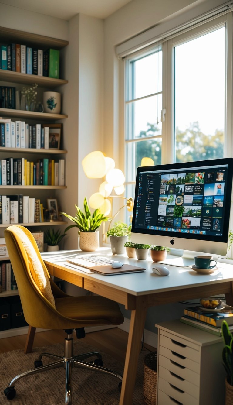 A cozy home office with a desk, computer, and bookshelf filled with niche topics such as gardening, travel, cooking, and more. Sunshine streams in through the window, creating a warm and inviting space for writing and blogging