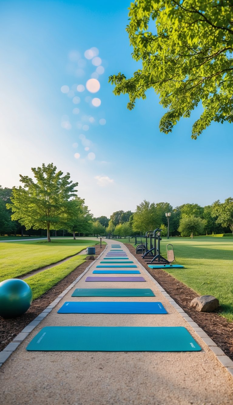 A serene park with a walking trail, yoga mats, and exercise equipment, surrounded by greenery and a clear blue sky