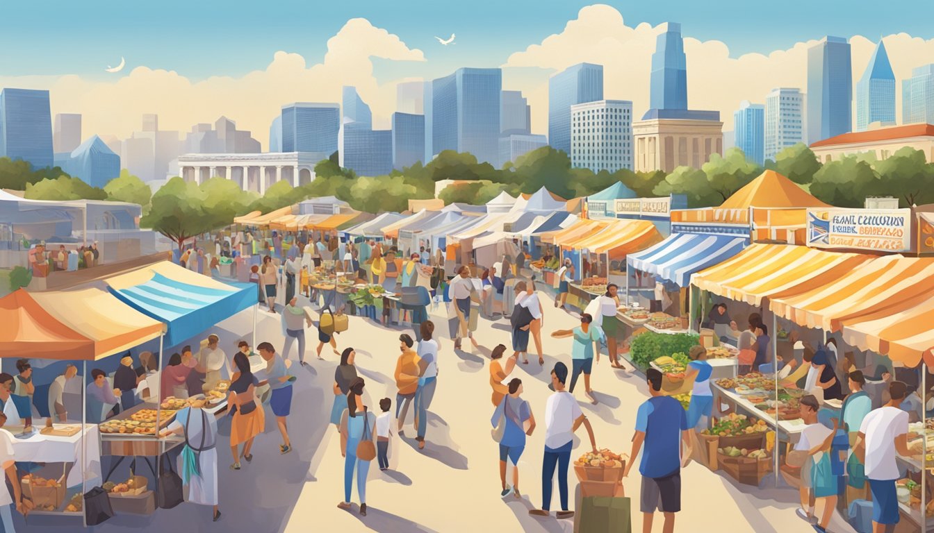 A bustling Greek food festival in Dallas, with colorful food stalls, people enjoying the cuisine, and various modes of transportation and parking in the background