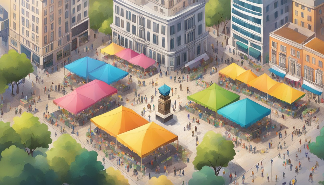 A bustling city square with colorful banners and a stage set up for an event