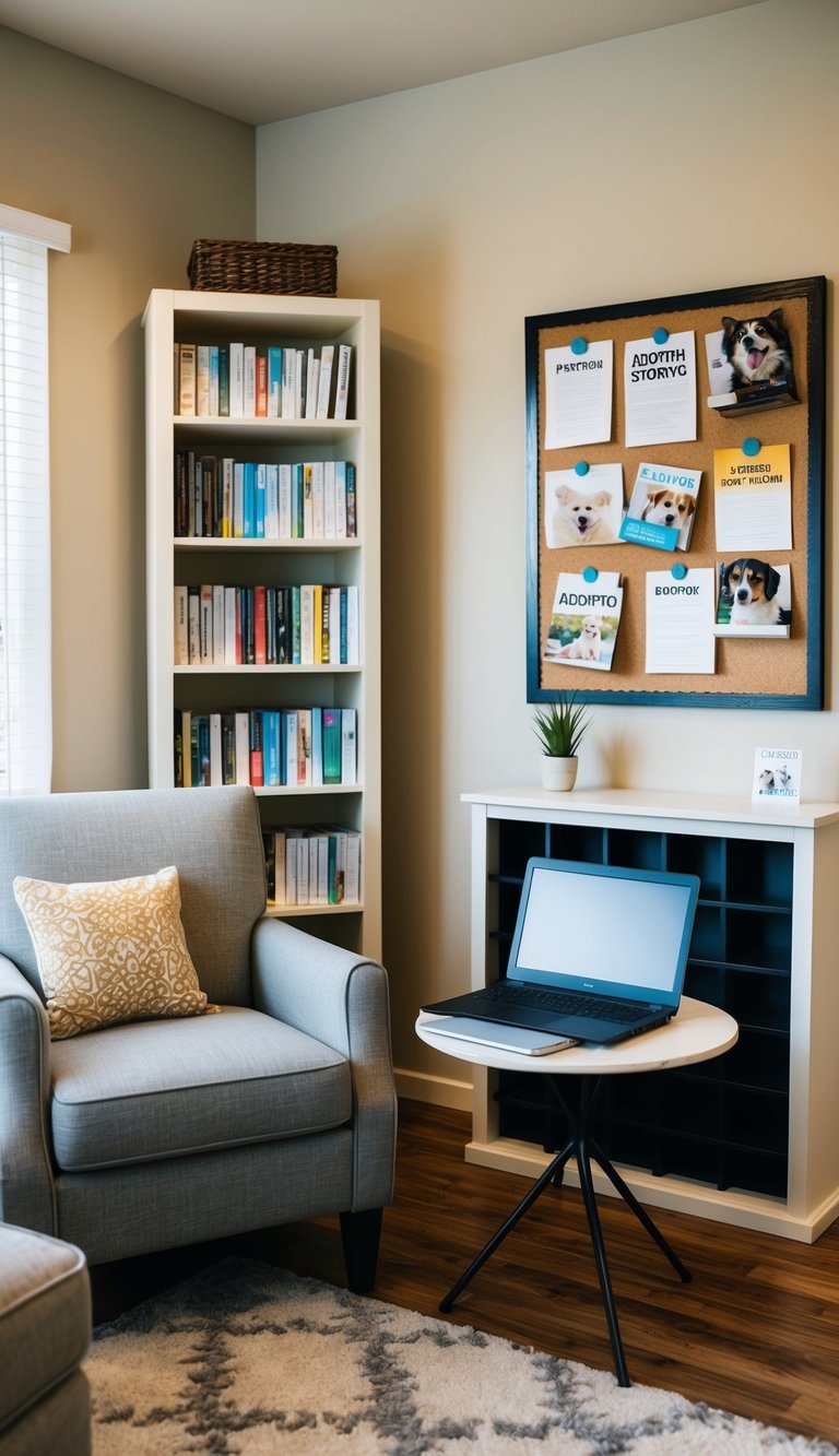 A cozy living room with a comfortable armchair and a small table holding a laptop and notebook. A shelf filled with pet care books and a bulletin board with adoption stories pinned to it