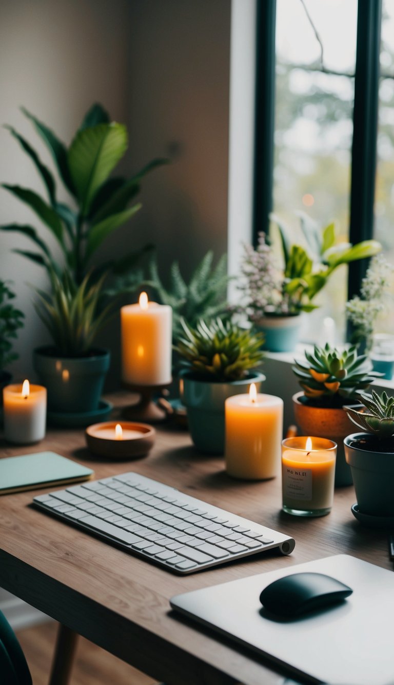 A serene, nature-inspired setting with a cozy, clutter-free workspace, surrounded by calming elements such as plants, candles, and a tranquil color palette