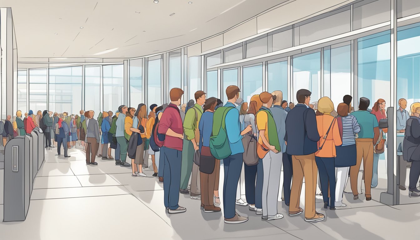 A line of people waiting to enter a registration booth at a convention center