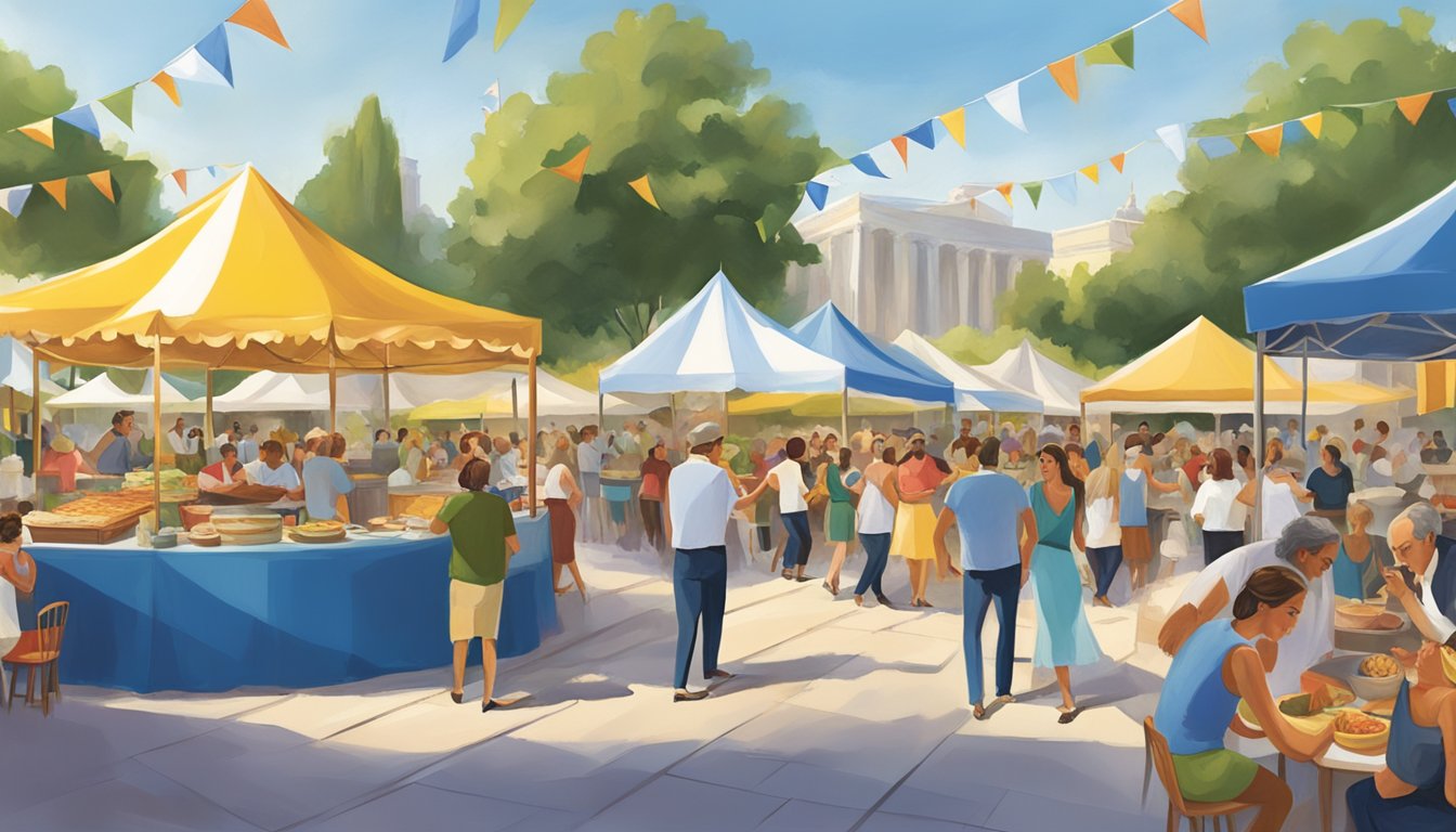 The Greek food festival of Dallas features colorful tents and tables filled with traditional dishes and desserts, surrounded by lively music and dancing