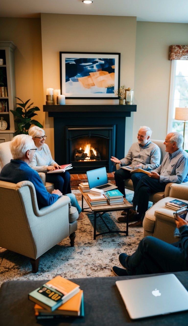 A cozy living room with a warm fireplace, comfortable armchairs, and a table filled with books and a laptop. A group of retirees are engaged in lively conversation, exchanging ideas for their niche blogs