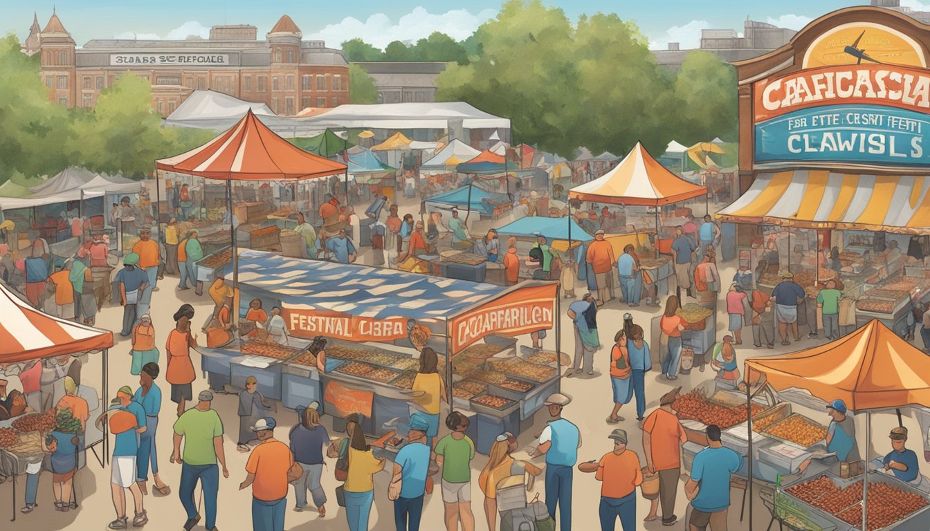 A bustling festival with vendors selling crawfish, crab, and catfish dishes. People enjoy live music and games while savoring the flavors of Texas seafood