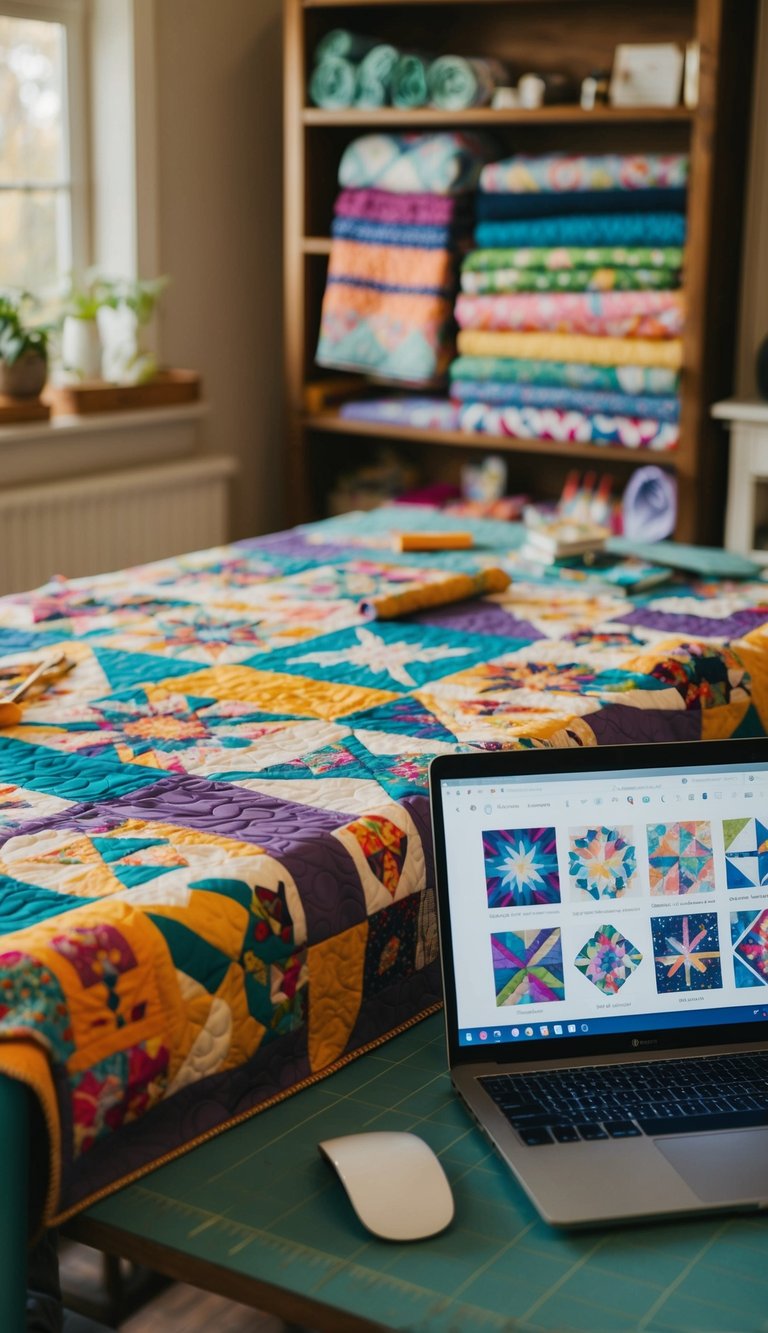 A cozy, well-lit room with a table covered in colorful quilting fabrics and tools. A laptop sits nearby, displaying various quilting patterns and techniques