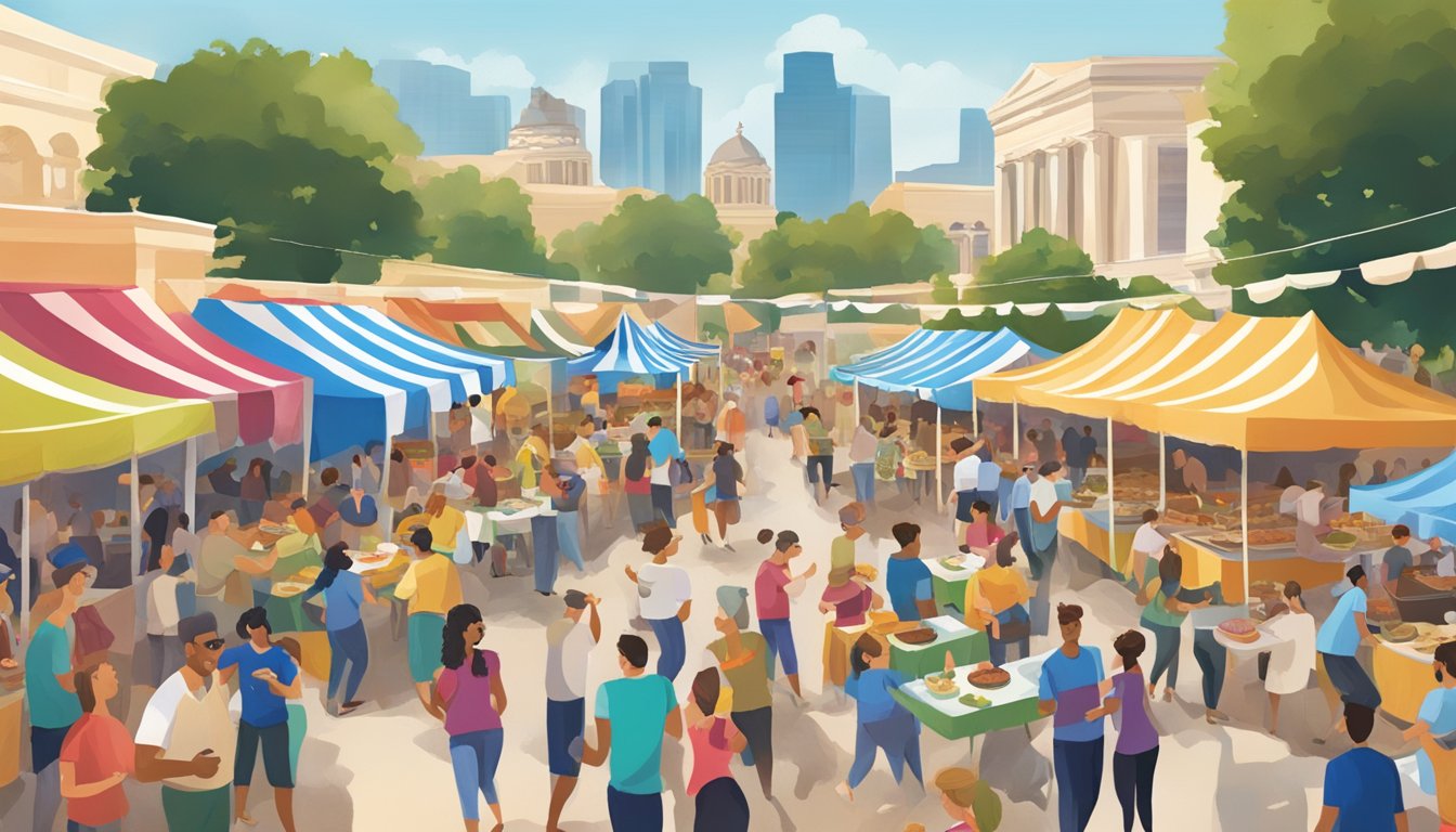 A bustling Greek food festival in Dallas, with colorful tents, lively music, and people enjoying traditional dishes and cultural activities