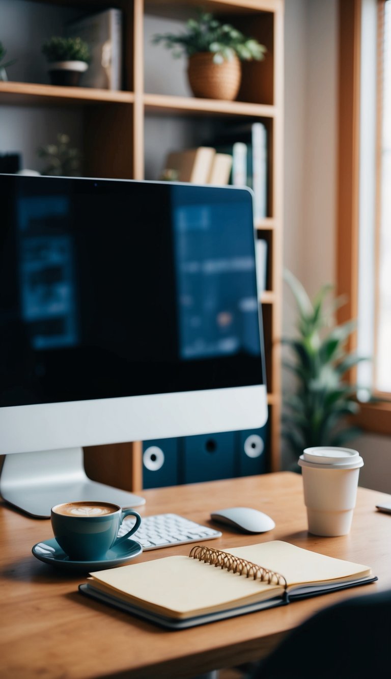 A cozy home office with a computer, desk, and bookshelf. A cup of coffee sits next to a notebook filled with blog ideas