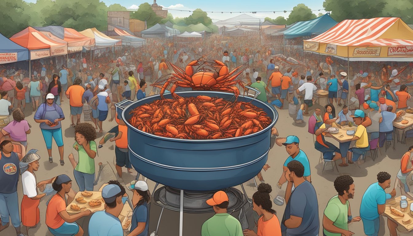 A bustling festival with food vendors, live music, and games, all centered around a giant boiling pot of crawfish, crab, and catfish