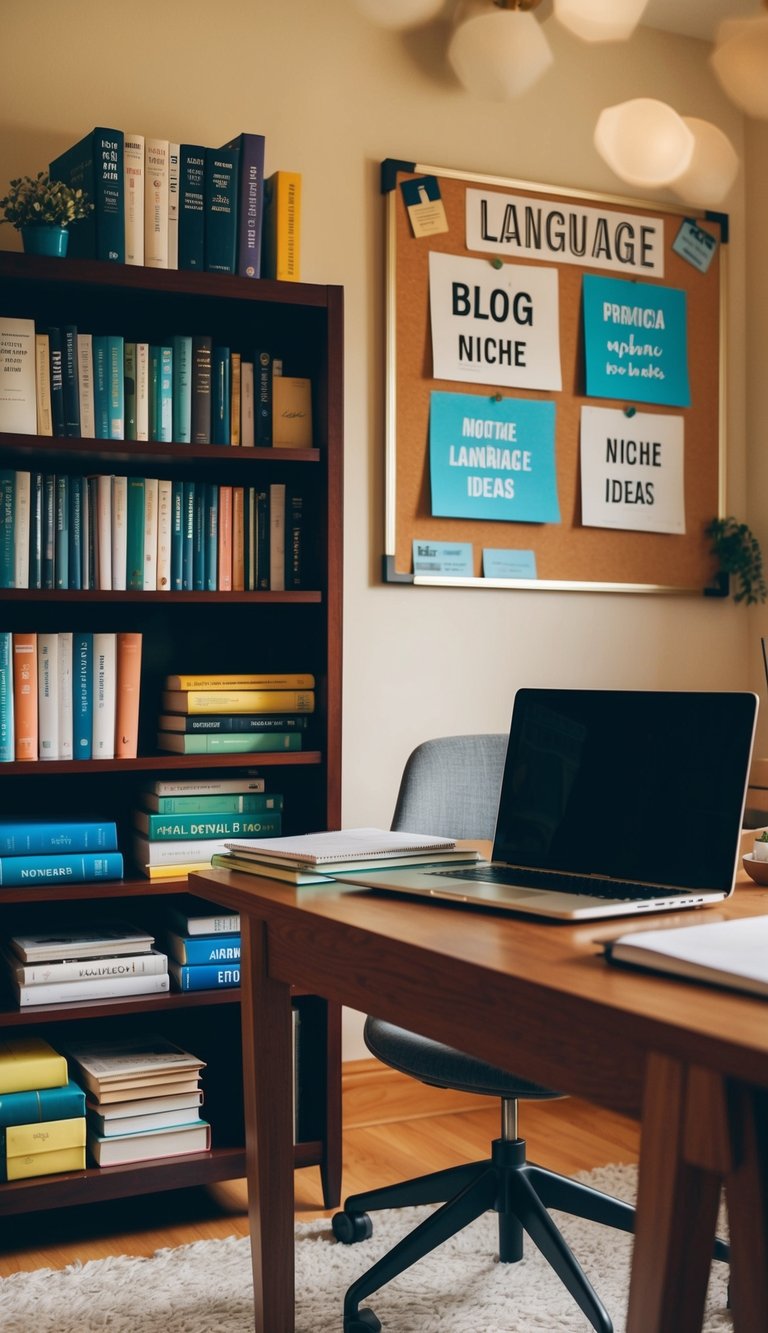 A cozy study room with a desk, laptop, and various language learning materials. A bookshelf filled with language textbooks and a bulletin board with blog niche ideas. A warm, inviting atmosphere