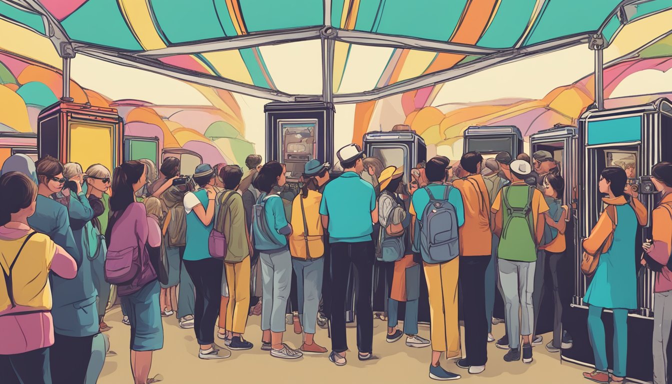 A crowd gathers around a colorful, vintage-style camera booth at PolaCon, with excited attendees waiting to capture memories