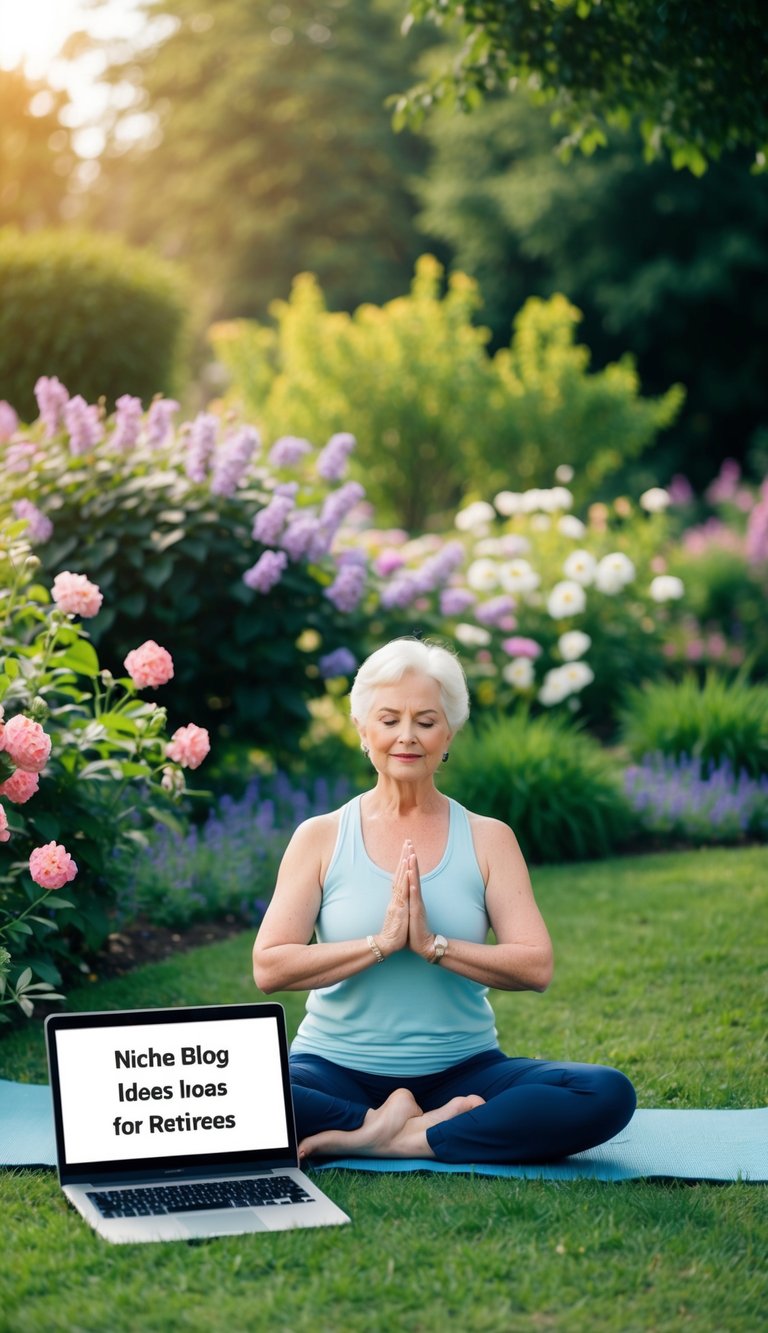 A serene senior practicing yoga in a peaceful garden, surrounded by blooming flowers and lush greenery, with a laptop open nearby showcasing a blog on niche ideas for retirees