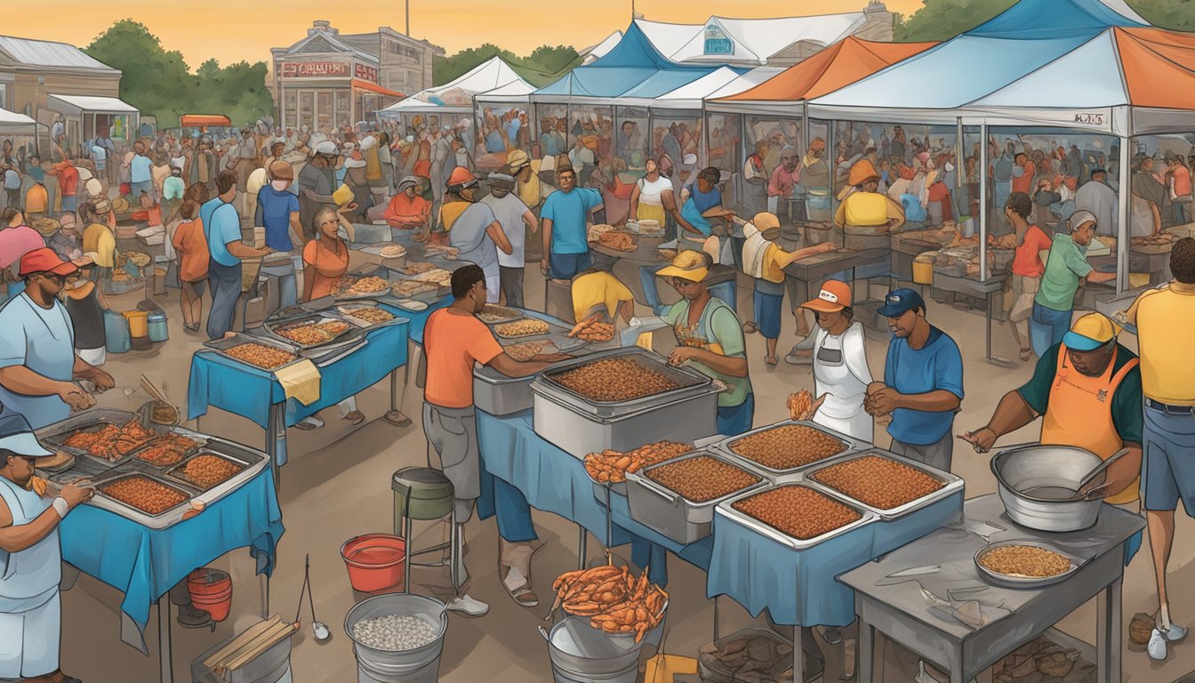 The bustling Texas Crawfish, Crab, and Catfish Festival, with vendors cooking up a storm of seafood dishes while visitors enjoy live music and entertainment