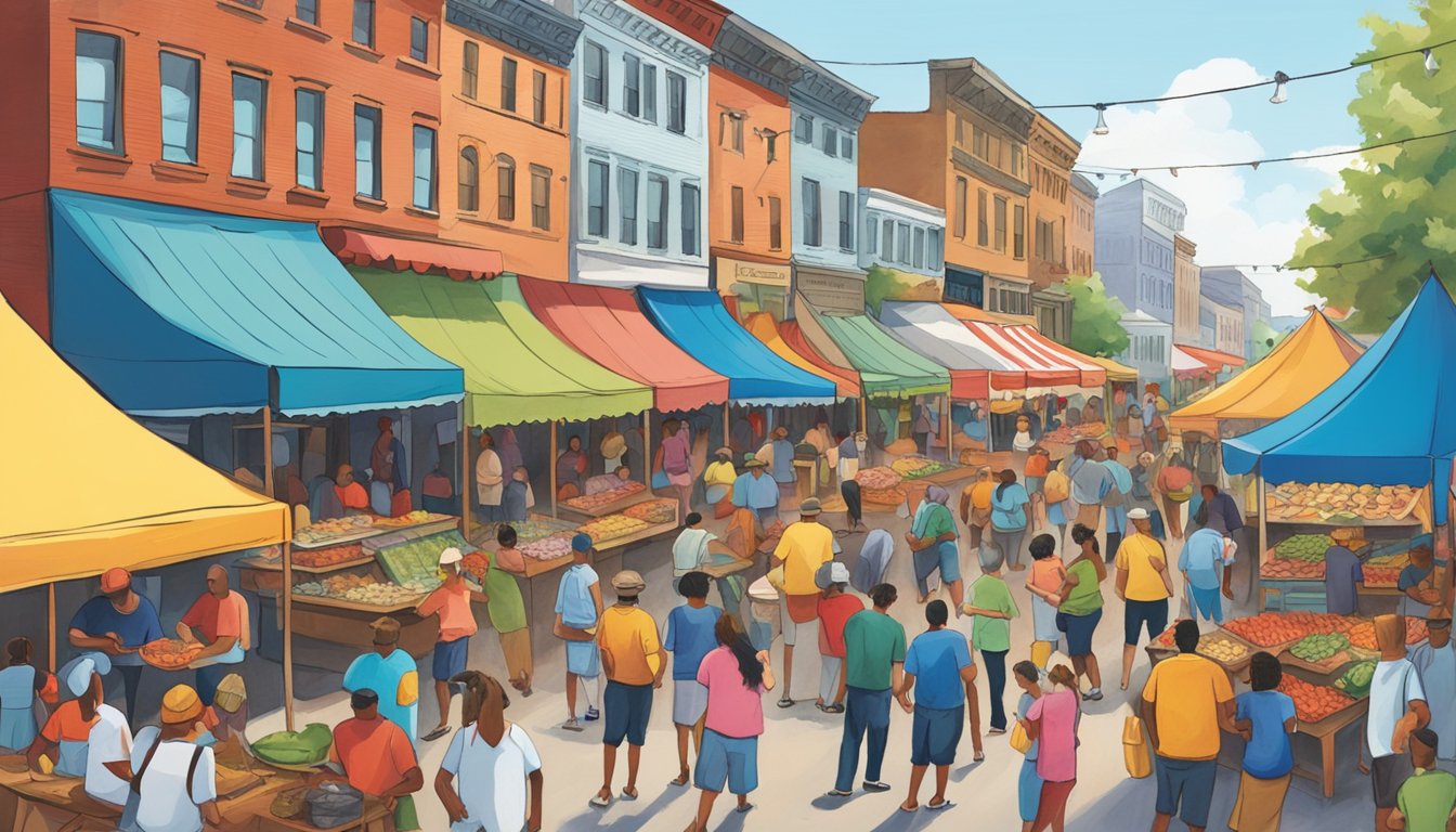 Colorful festival tents line the bustling street, filled with vendors selling fresh seafood and local crafts. A lively band plays on stage as visitors sample delicious crawfish, crab, and catfish dishes