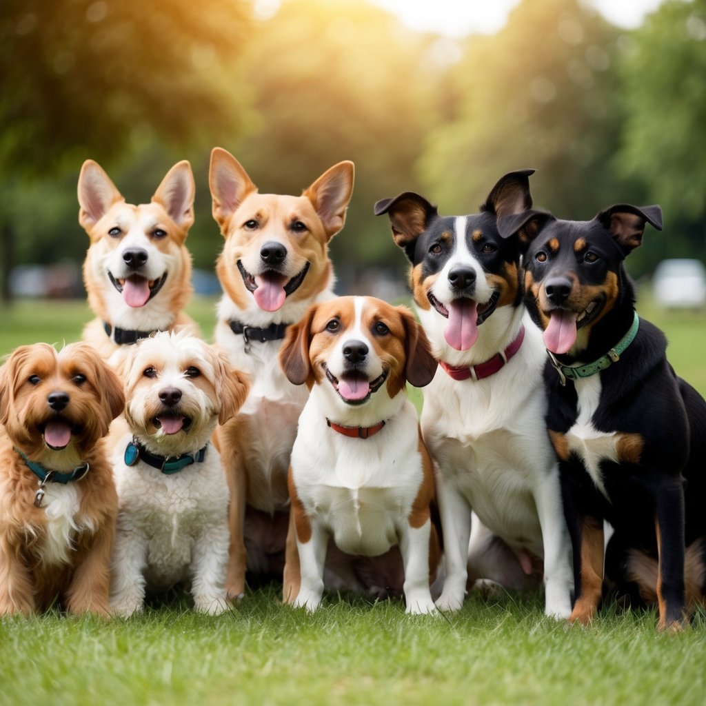 A group of playful and affectionate dogs of various breeds posing together in a park, displaying their unique personalities and charm