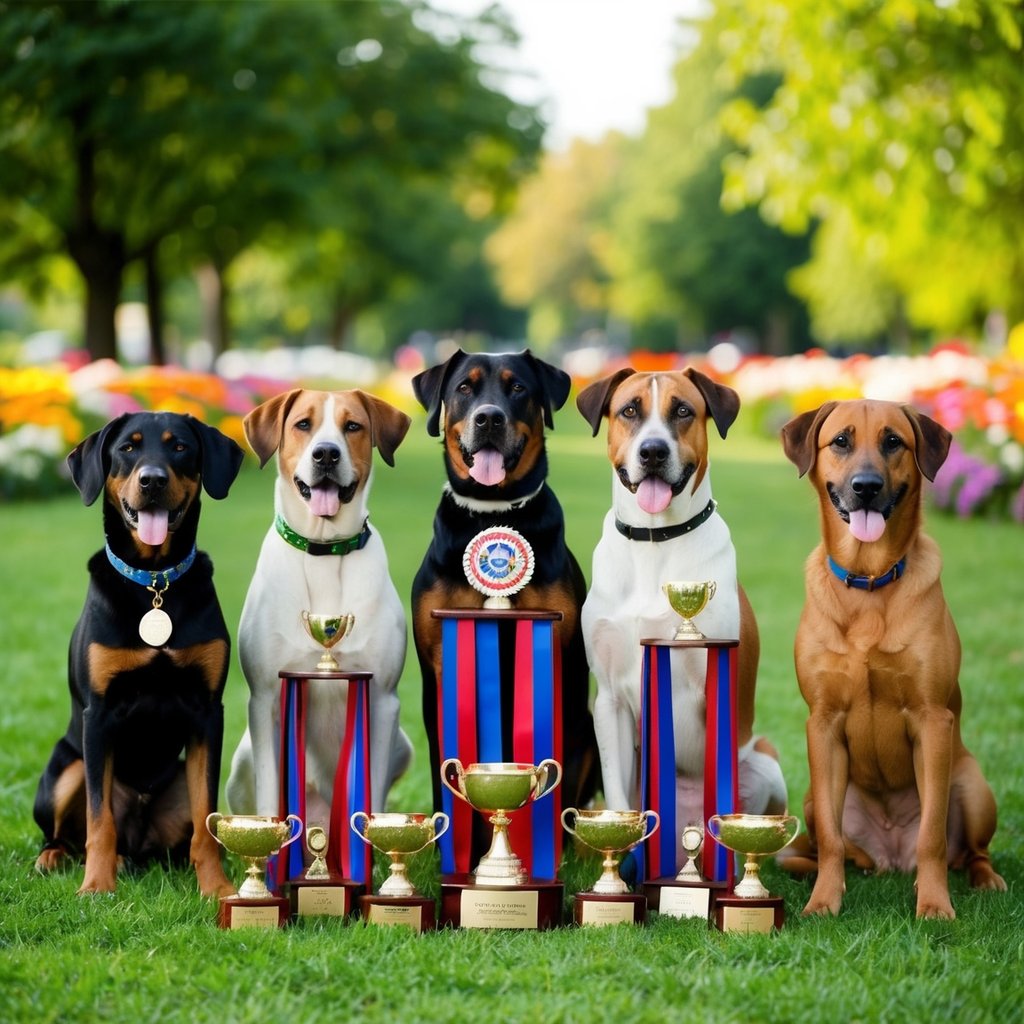 A group of champion dogs pose with trophies and ribbons in a park filled with colorful flowers and greenery